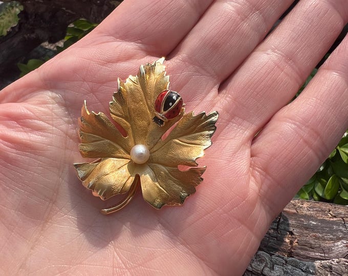 Maple Leaf Pendant, Ladybug Brooch, Maple Leaf Pin, Gold Maple Leaf