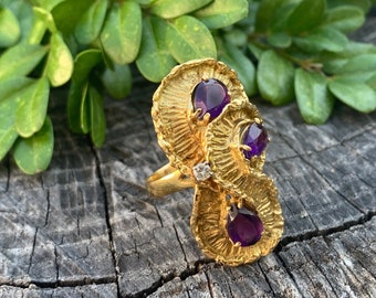 Yellow Gold Amethyst Ring, Amethyst Statement Ring, Amethyst Cocktail Ring