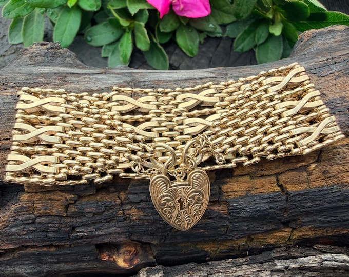 Victorian 9k Gold Heart Padlock Charm Bracelet, 1800s Gate Link Design