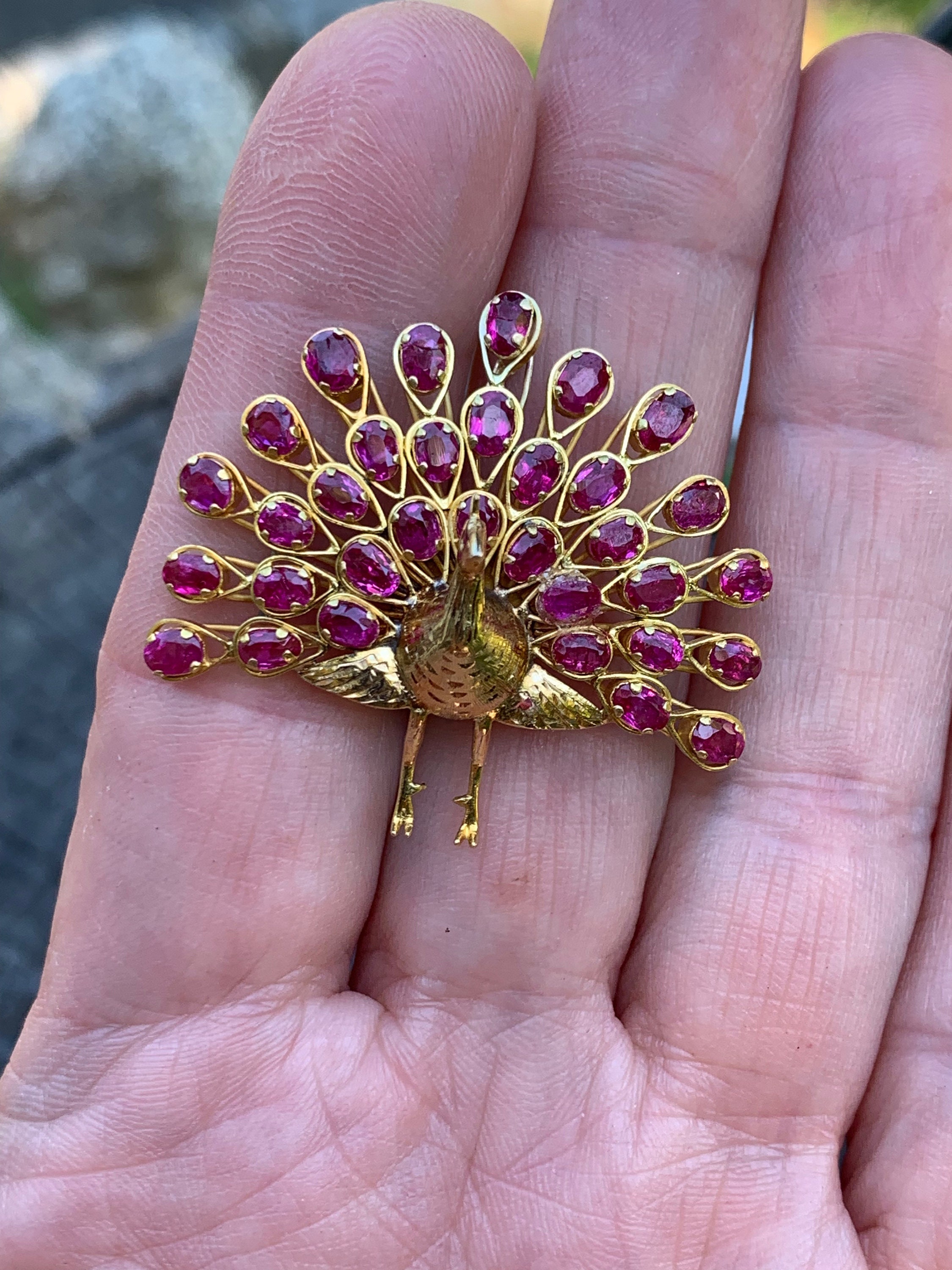 Peacock Brooch, Bird Brooch, Gold Peacock Pin, Ruby Peacock Peacock Brooch, Bird Brooch, Gold Peacock Pin, Ruby Peacock