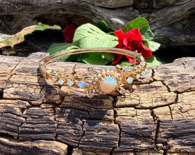 14k Gold Opal Diamond Bangle Bracelet, Vintage 1970s Fiery Center Opal