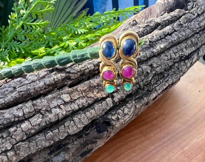 Multi Stone Cabochon Earrings, Sapphire, Ruby and Emerald Dangles