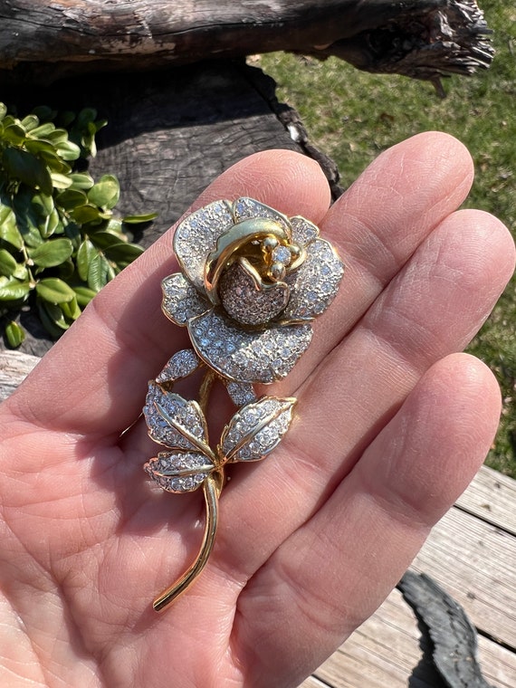 Diamond Flower Brooch, Diamond Rose Pin, Gold Flo… - image 5