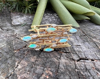 Gold Opal Brooch, Opal and Diamond Pin, Opal Brooch