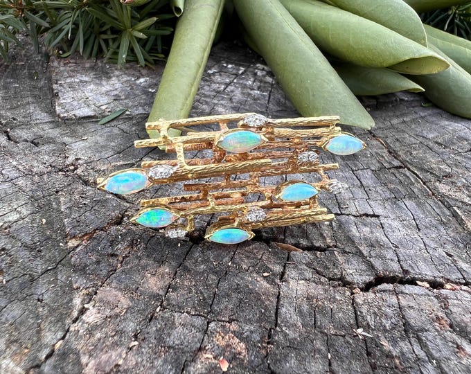 Gold Opal Brooch, Opal and Diamond Pin, Opal Brooch