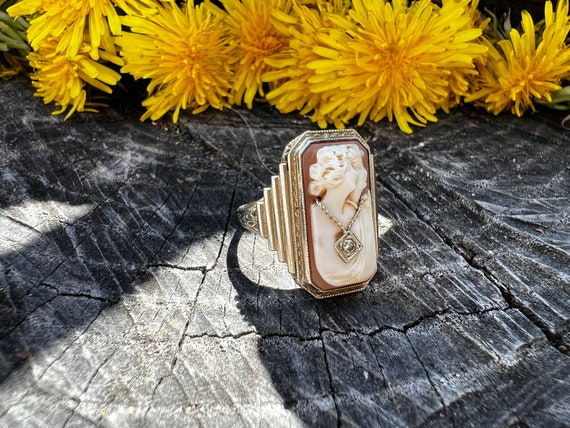 Art Deco Cameo Ring, Double Face Cameo, Gold Came… - image 4