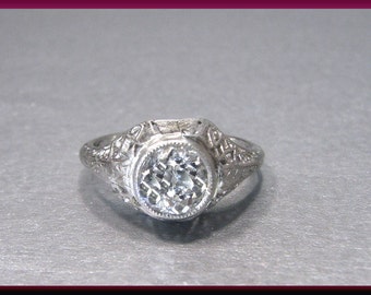 Antique Diamond Engagement Ring Filigree Engagement Ring with Old European Cut Diamond 18K White Gold Wedding Ring - ER 258M