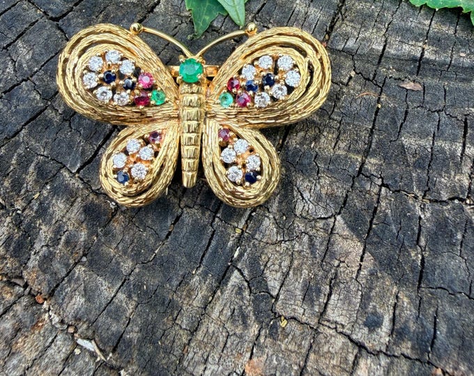 1960s 18k Gold Butterfly Brooch, Diamond Ruby Emerald Sapphire Pin