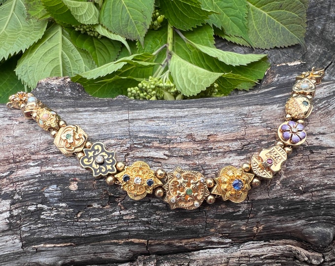 Yellow Gold Slide Bracelet, Multi Stone Charm Bracelet, Yellow Gold Charm Bracelet, Gold Slider Bracelet