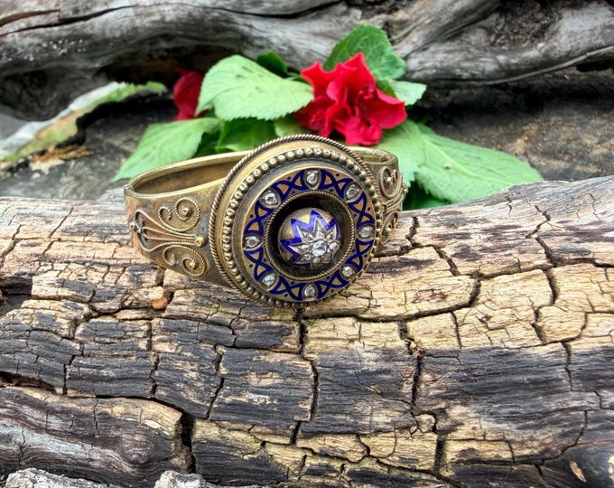 18k Yellow Gold Diamond And Enamel Bangle, Old and Rose Cut Diamond Bangle
