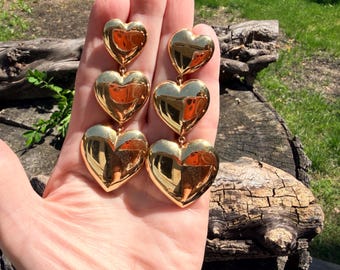 Vintage 1980s 18k Yellow Gold Graduated Heart Dangle Earrings