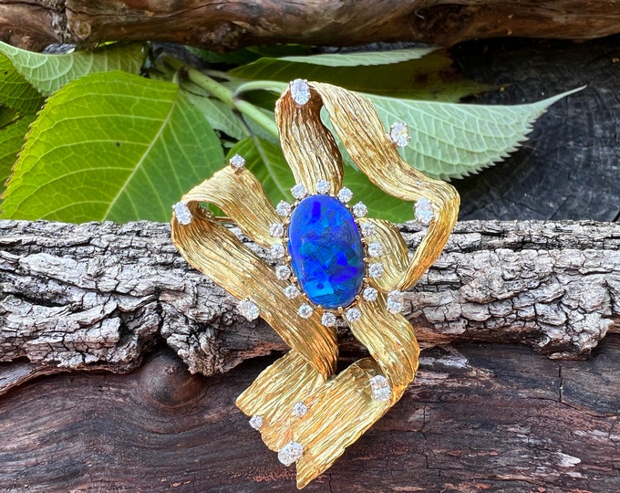 Black Opal Brooch, Opal and Diamond Pin, Opal Brooch