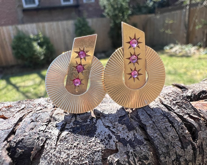 Gold Circle Earrings, Ruby Circle Earrings, Gold and Ruby Earring