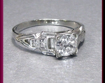 Art Deco Diamond Engagement Ring Vintage Diamond Engagement Ring with Old European Cut Diamond 18K White Gold Wedding Ring - ER 436M