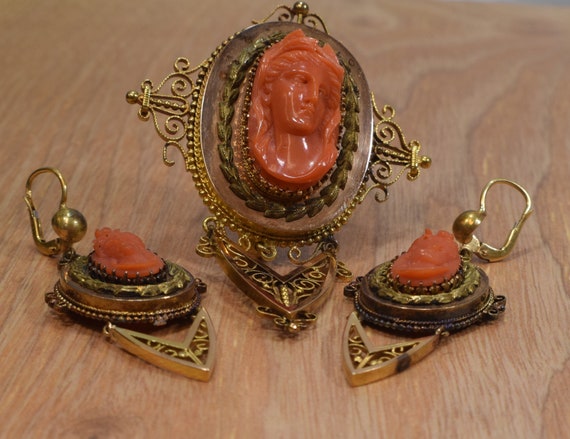 Victorian Coral Cameo, Coral Cameo Set, Coral Came