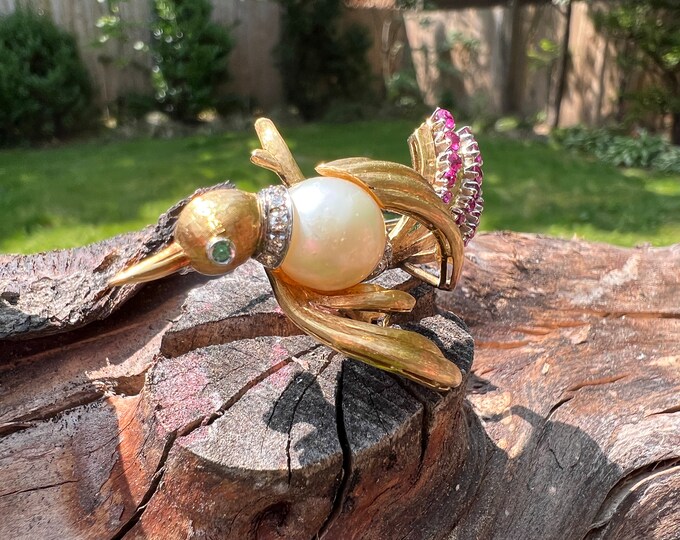 Gold Bird Brooch, Gold Swallow Brooch, Pearl Bird Brooch, Bird Brooch, Ruby Bird Brooch