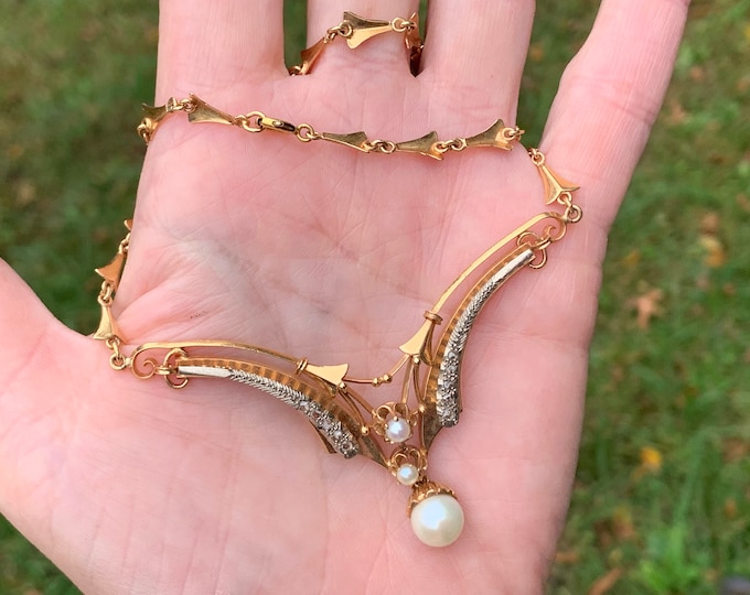 Victorian Gold Chain, Victorian Pearl Pendant, Victorian Diamond Drop, Antique Pearl Drop