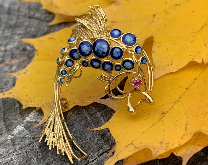 Gold Dolphin, Gold Dolphin Brooch, Enamel Dolphin, Yellow Gold Diamond Fish Brooch, Gold Fish Pin