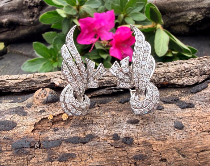 1950s Diamond Cluster Earrings, 14k White Gold, Swirled Sculpted Design (2.00 ct)