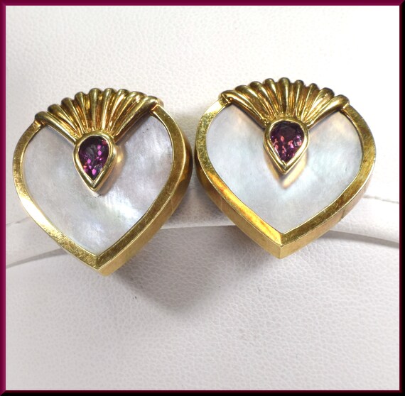 Mother of Pearl Heart Earrings, Yellow Gold Heart… - image 5