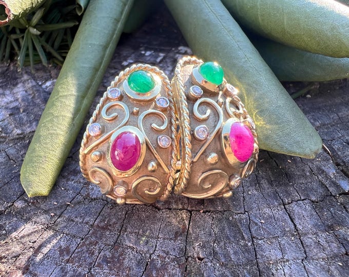 Multi Stone Cabochon Earrings, Etruscan Style Earrings, Emerald Earrings, Ruby Hoop Earring,