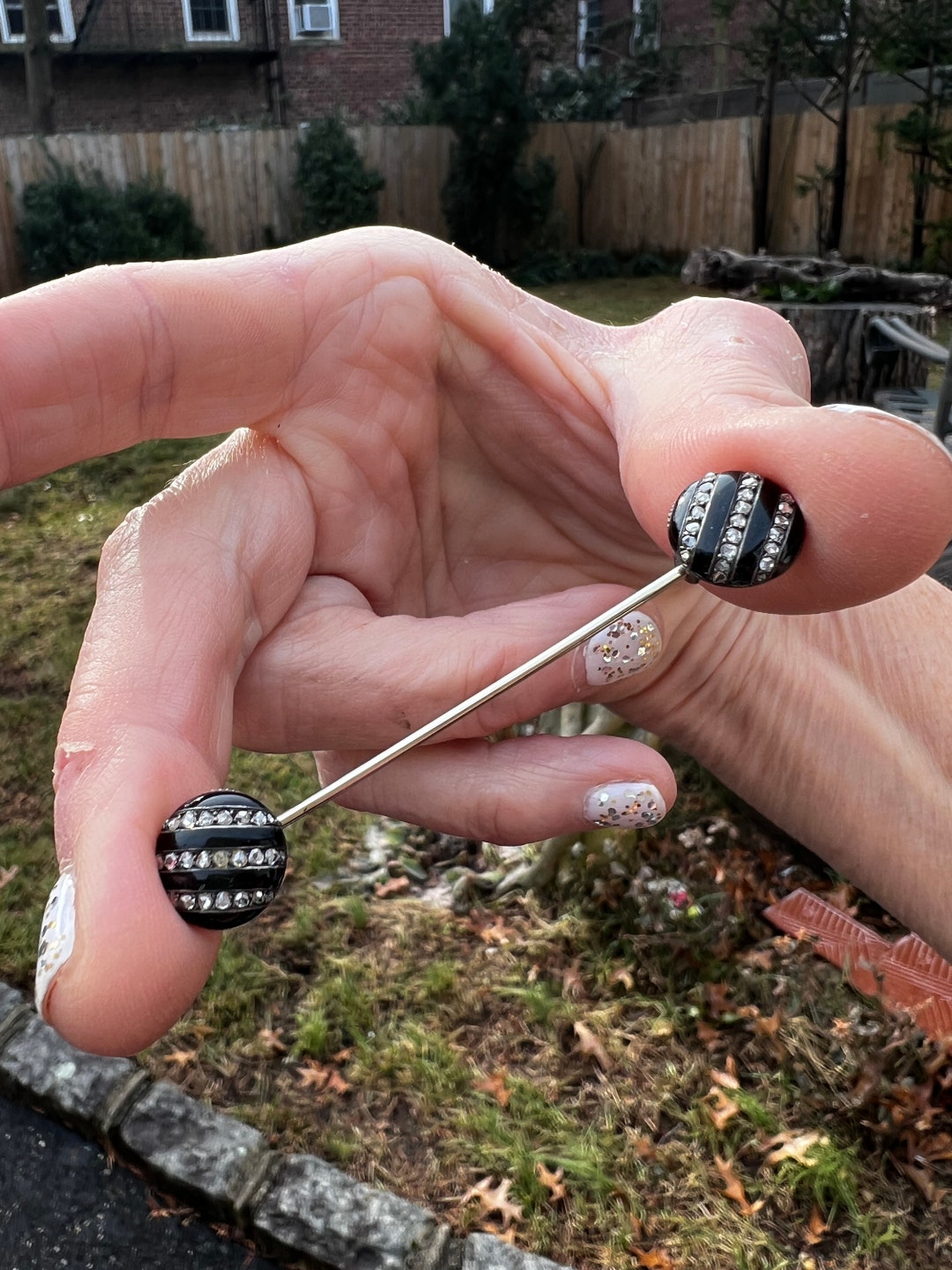 Art Deco Jabot Pin, Enamel Jabot Pin, Diamond Jabot Pin, Double Sided