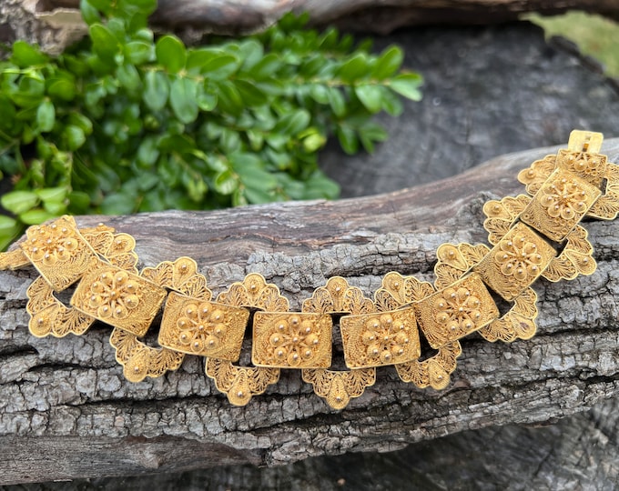 Wide Gold Bracelet, Chunky Gold Bracelet, Wide Flower Bracelet