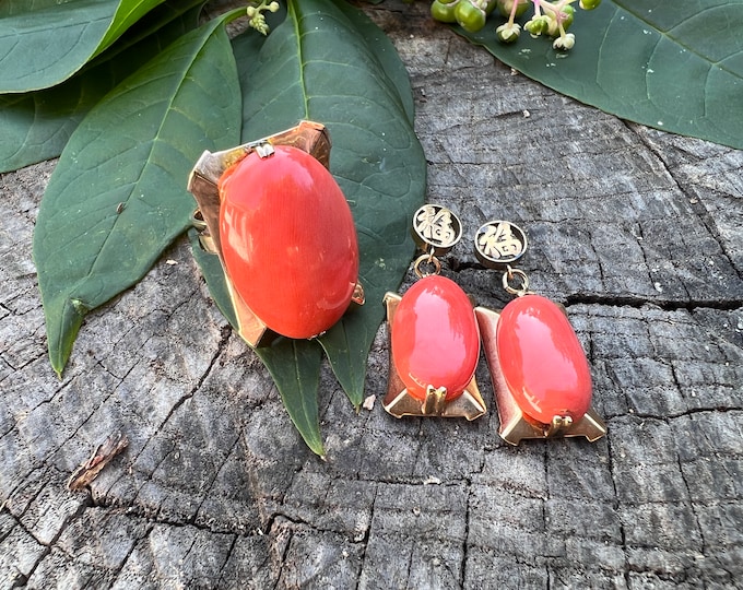 Coral Cocktail Ring,  Gold and Coral Ring, Coral Statment Ring, Coral Earrings