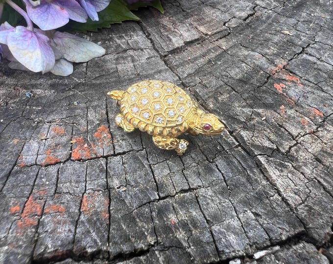 Diamond Turtle Pin, Gold Tortoise, Gold Turtle Brooch, Diamond Turtle Brooch, Turtle Jewelry