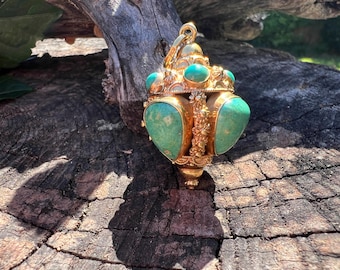 Turquoise Venetian Charm, Gold Turquoise Charm, Turquoise Charm, Turquoise Pendant, Etruscan Charm