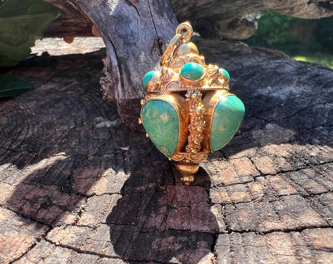 Turquoise Venetian Charm, Gold Turquoise Charm, Turquoise Charm, Turquoise Pendant, Etruscan Charm