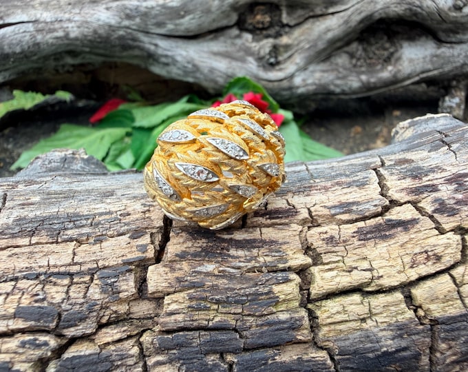 Vintage 18k Yellow Gold Domed Diamond Cocktail Ring, Textured Leaf Design