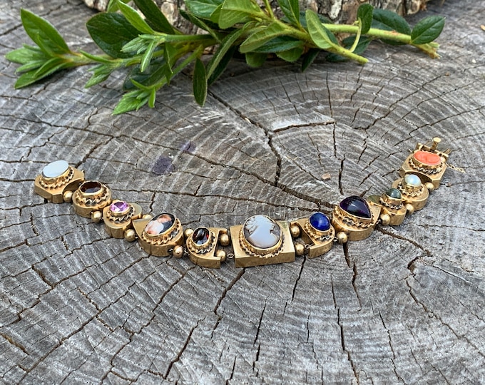 Yellow Gold Slide Bracelet, Multi Stone Charm Bracelet, Yellow Gold Charm Bracelet, Gold Slider Bracelet