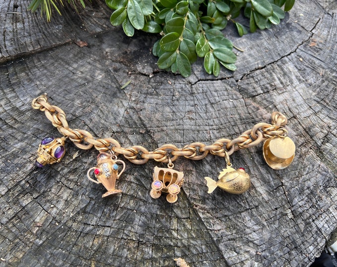 18K Yellow Gold Multi Stone Charm Bracelet , Large Charm Bracelet, Heavy Charm Bracelet