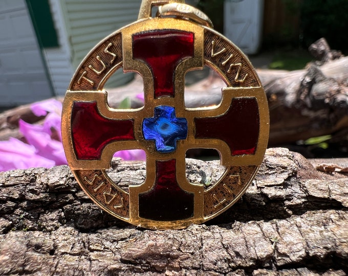 Plique a Jour Cross, Ornate Gold Cross, Cristus Vincit Pendant, Relgious Pendant