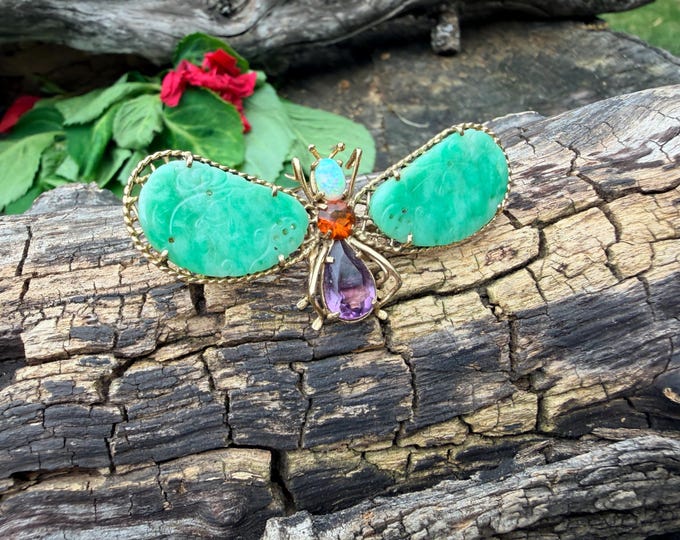 14k Yellow Gold Jade Insect Pin, Amethyst,  Coral and Opal Bee Brooch