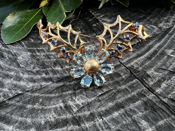 Aquamarine Brooch, Sapphire Brooch, Flower Brooch… - image 6