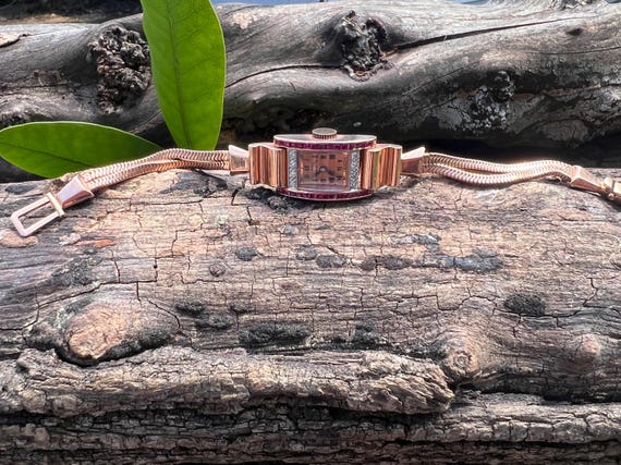 14k Rose Gold Retro Ruby Diamond Watch - Paul Dit… - image 1