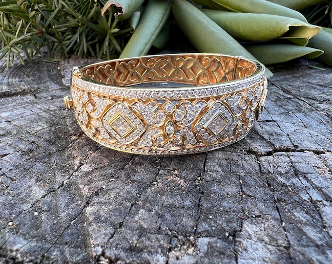 Gold  Diamond Bangle, Chunky Gold Bangle, Wide Diamond Bangle