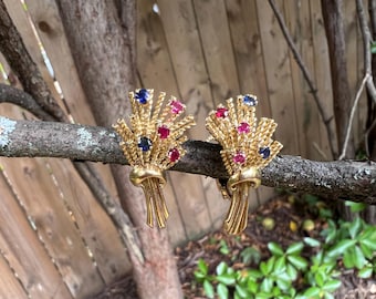 Gold Wheat Earrings, Gold Leaf Earrings, Ruby Leaf Earring, Sapphire Leaf Earring