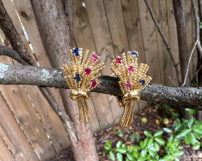 Gold Wheat Earrings, Gold Leaf Earrings, Ruby Leaf Earring, Sapphire Leaf Earring