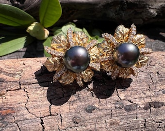 South Sea Pearl Earrings, Gold Flower Earrings, Pearl Flower Earrings, Diamond and Pearl Earring