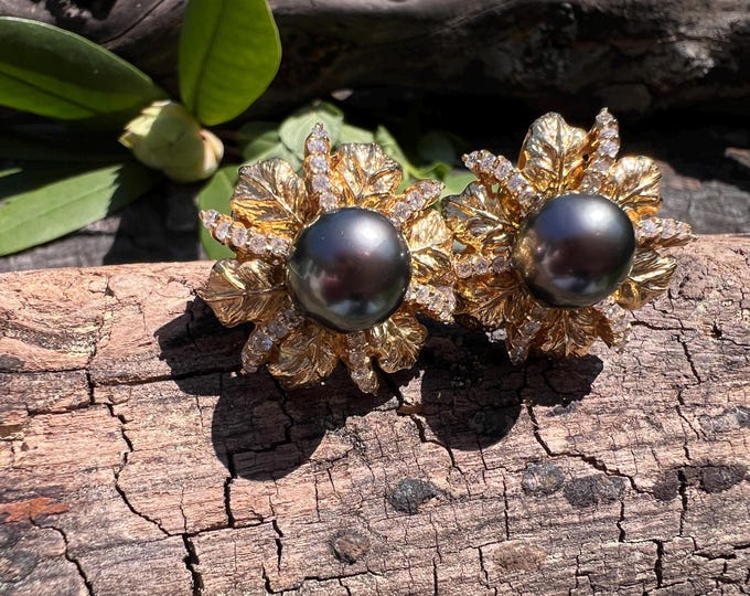 South Sea Pearl Earrings, Gold Flower Earrings, Pearl Flower Earrings, Diamond and Pearl Earring