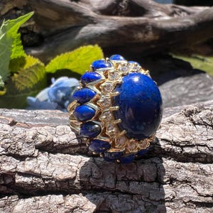 Blue Lapis Ring, Gold and Lapis Ring, Lapis Ring, Lapis and Diamond Ring,  Lapis Statement Ring