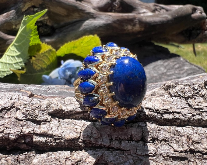 Blue Lapis Ring, Gold and Lapis Ring, Lapis Ring, Lapis and Diamond Ring,  Lapis Statement Ring