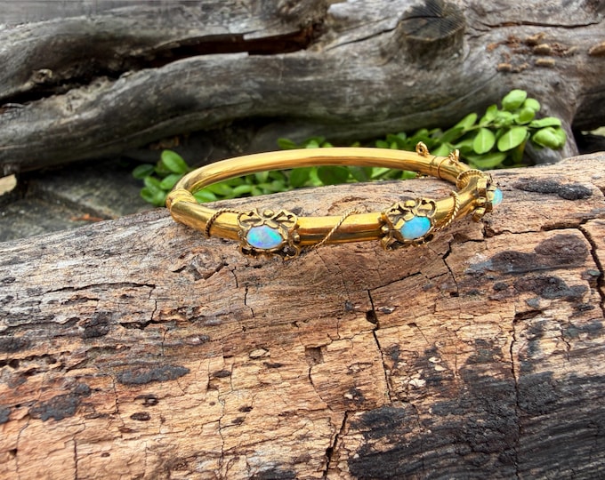 14K Yellow Gold Bangle with Opals, 1950s Ornate Jewelry