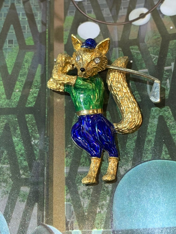 Blue Enamel Fox, Gold Enamel Fox, Gold Fox Brooch… - image 1
