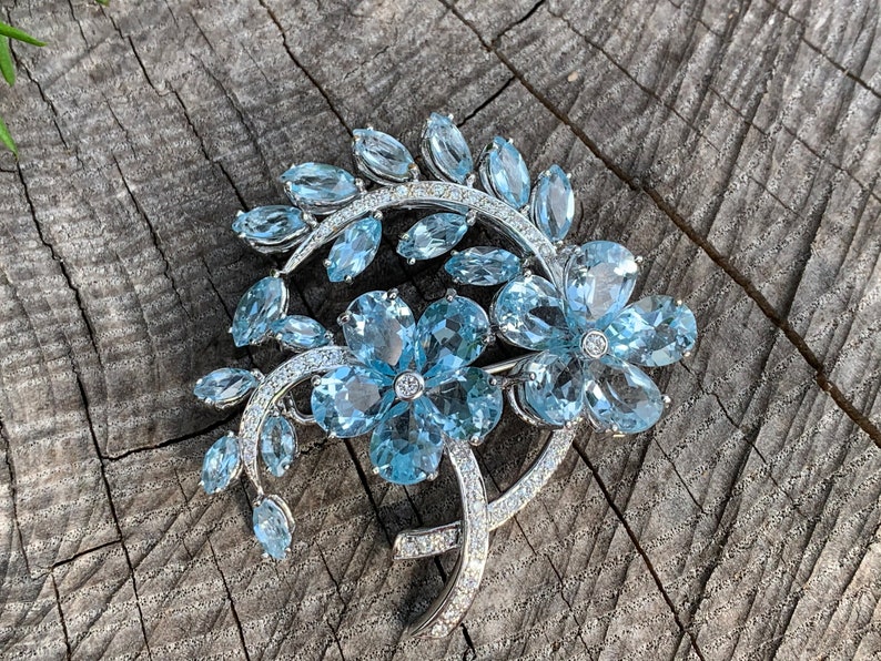 Blue Topaz Brooch Topaz Flower Brooch Blue Topaz Earring Etsy