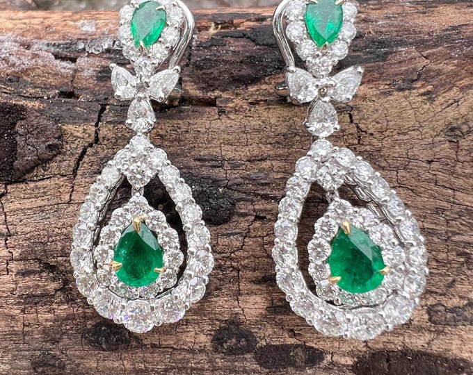 Emerald and Diamond Earrings, Emerald Dangle Earrings, Emerald Earrings