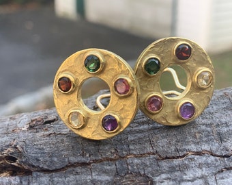 Multi Gem Earring, Gold Disc Earring, Garnet Disc Earring